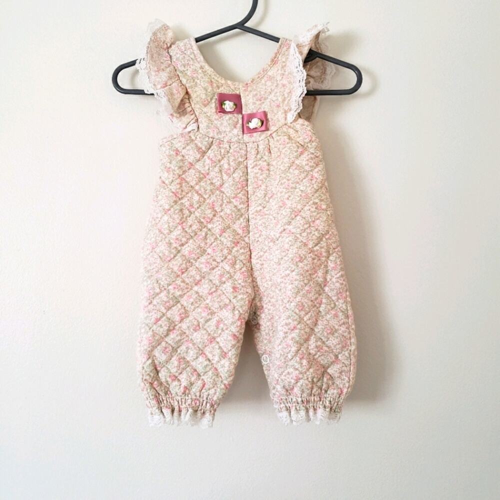 Vintage 70s Baby Quilted Overalls Lace Ruffles Size 12m